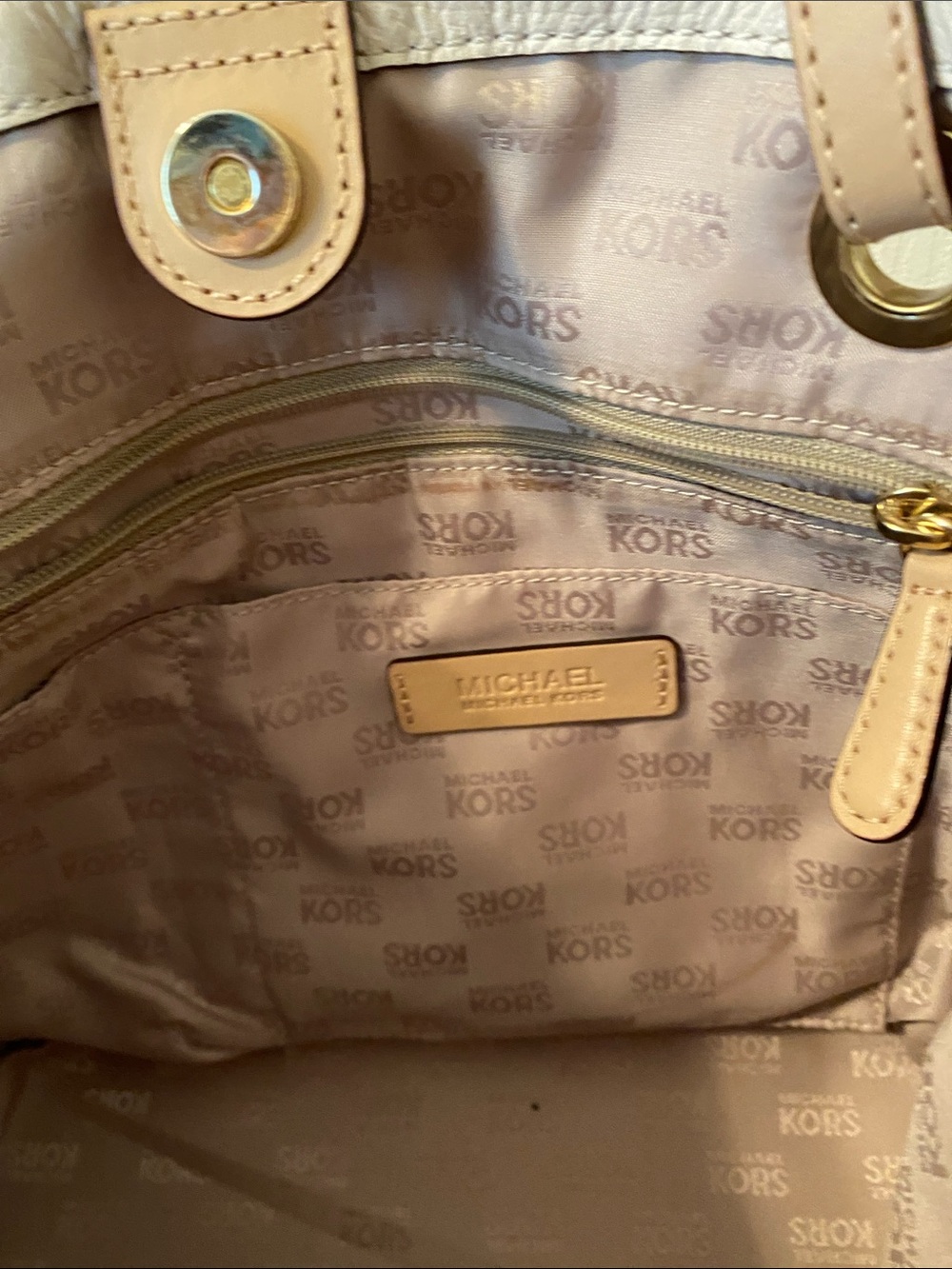 Michael Kors Light Beige Logo-Print Tote with Gold Hardware